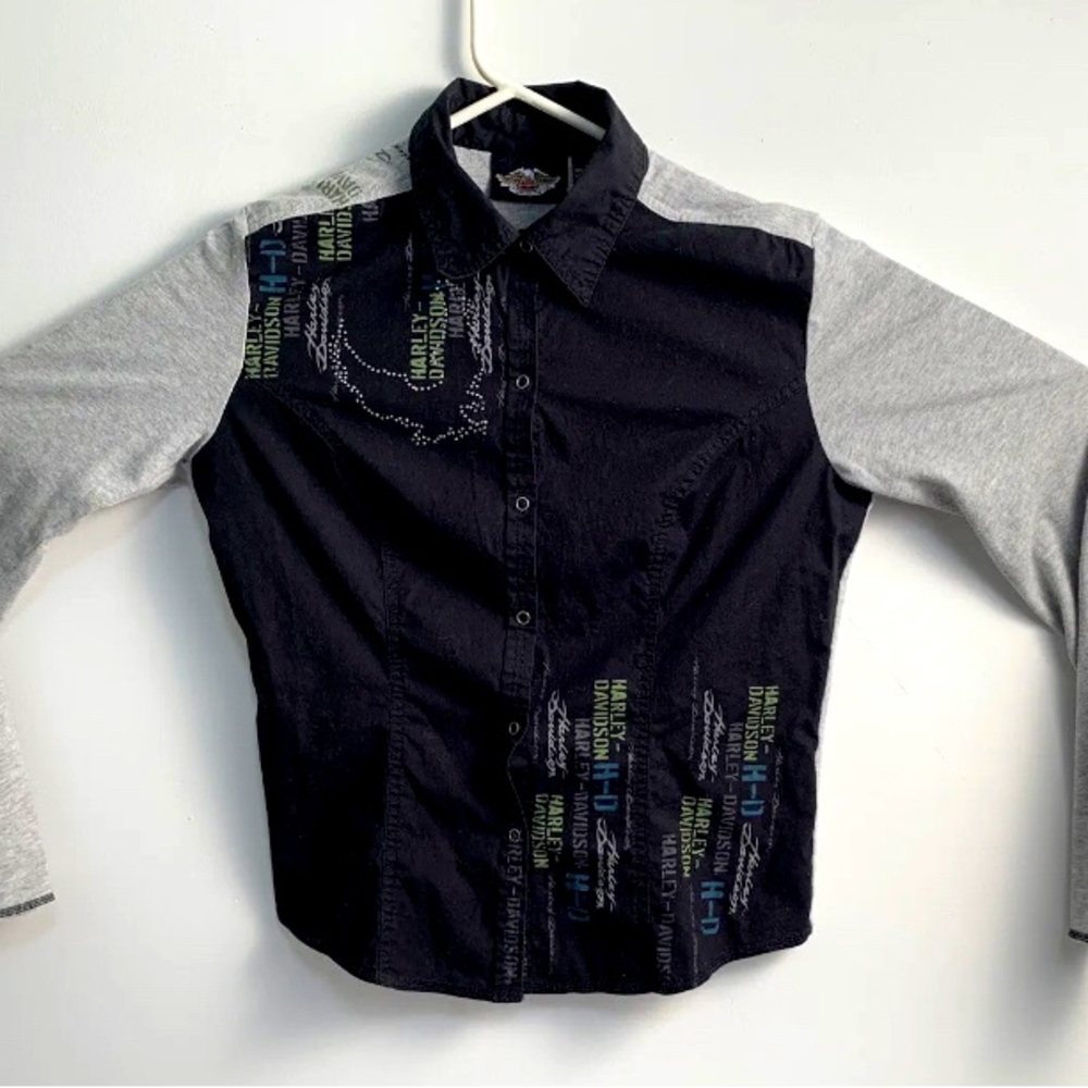 Harley Davidson Womens Black Gray Flannel Shirt Snap Button Size Medium M